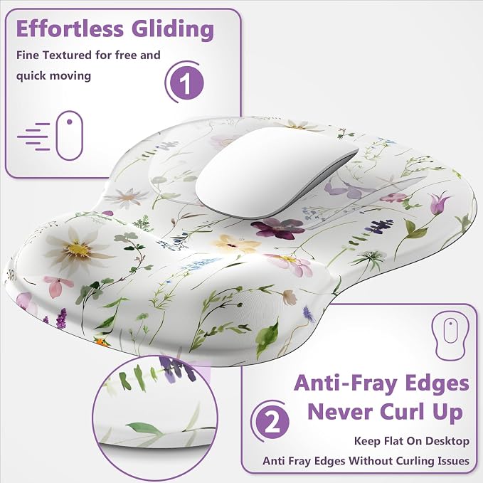 AKITErgonomic Mouse Pad with Wrist Rest for Computer Keyboard, Memory Foam | Cute Flower Keyboard Mouse Pad with Wrist Support Soft, Mousepad Gaming Wrist Pad for Office Work Desk