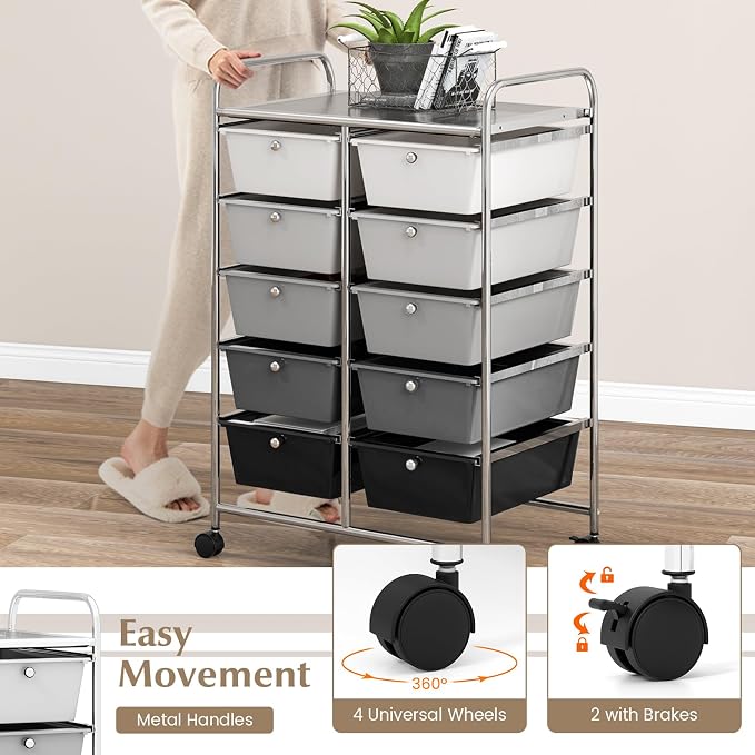 COSTWAY 10 Drawer Rolling Storage Cart, Utility Cart with Lockable Wheels | Mobile Art Supply Craft Organizer with Metal Frame, Multipurpose Drawer Cart for Paper for Office, School, Mixed Black