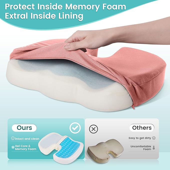 Office Chair Seat Cushion, Cooling Gel Enhanced Memory Foam Cushion for Long Sitting - Back, Sciatica, Coccyx, Tailbone Pain Relief Pillow - for Office, Gaming, Car, Wheelchair - Pink, X-Large
