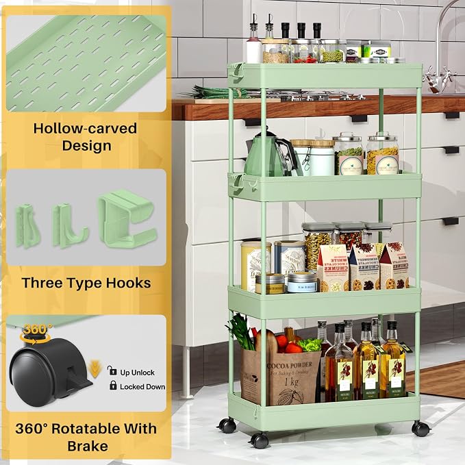 4 Tier Rolling Cart with Wheels, Storage Craft Art Trolley Organizer Serving, 3 Hanging Baskets Easy Assembly, for Office, Living Room, Kitchen