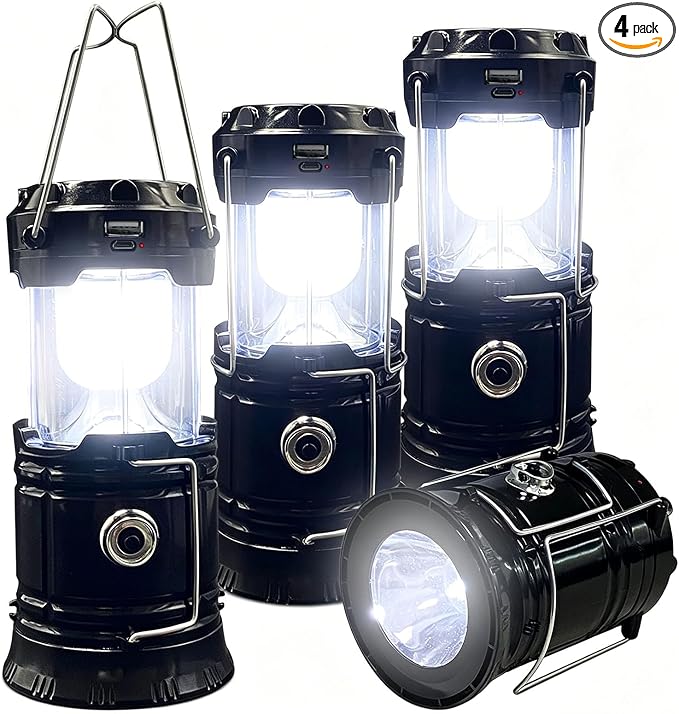 Collapsible Portable LED Camping Lantern XTAUTO Lightweight Waterproof Solar USB Rechargeable LED Flashlight Survival Kits for Indoor Outdoor Home Emergency Light Power Outages Hiking Hurricane 4-Pack