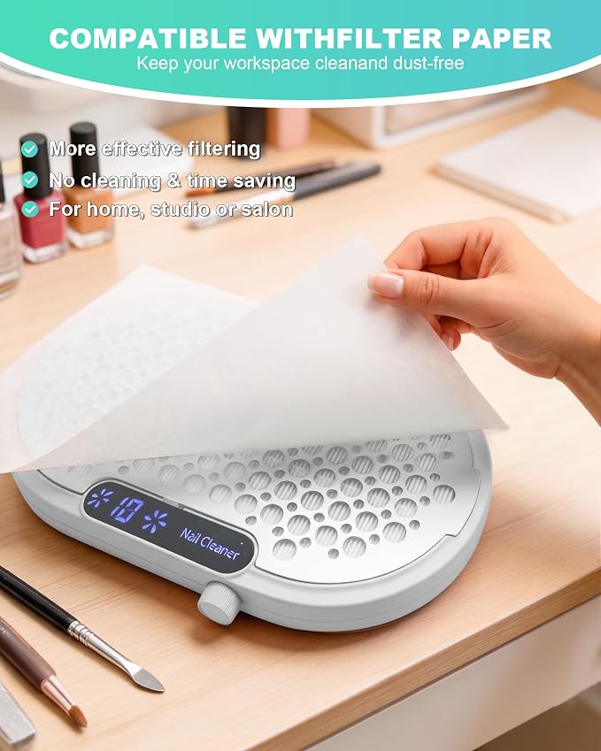 Nail Dust Collector for Nail Tech, 4000RPM Brushless Nail Fan with Dual Turbo, 360° Suction Manicure Dust Vacuum Extractor for Acrylic Dip Gel Polish, Low Noise, 30 Filters—White