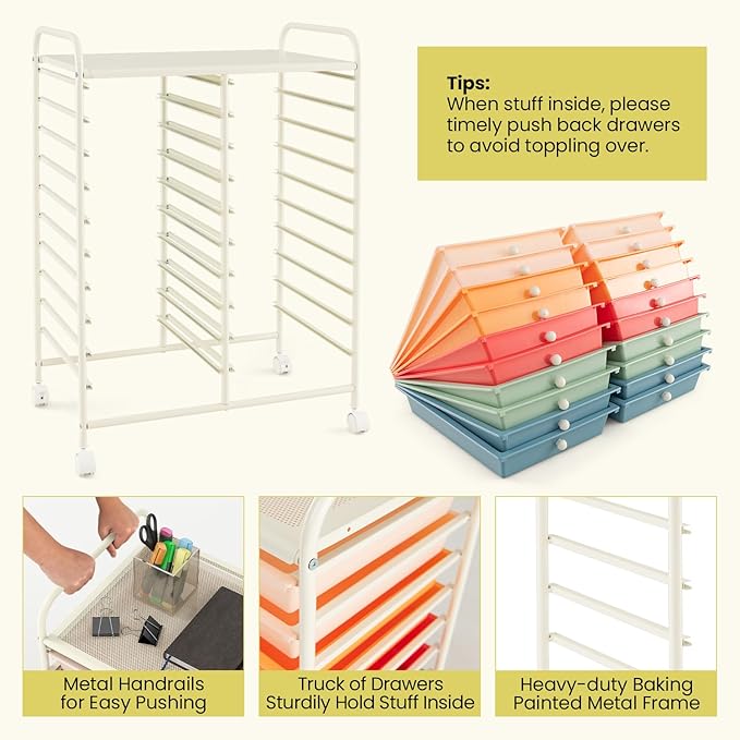COSTWAY 20-Drawer Rolling Storage Cart, Utility Storage Organizer Cart | For Tools, Scrapbook, Paper, Craft, Multipurpose Storage Trolley on Wheels for Home Office School (Macaron)