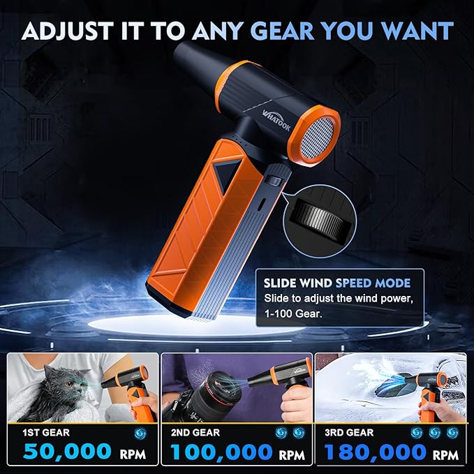 WHATOOK Updated Compressed Air Duster: Air Blower with Stepless Speed Regulation Mode, 180000RPM Electric Air Duster with Brushless Motor, Air Duster for Keyboard, PC, Car and Home Cleaning（Orange）