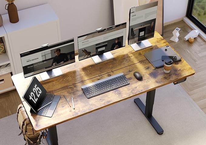 Claiks Electric Standing Desk, Adjustable Height Stand up Desk, 55x24 Inches Sit Stand Home Office Desk with Splice Board, Black Frame/Rustic Brown Top