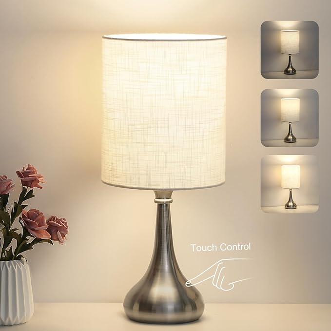 Touch Control Table Lamp, 3 Way Dimmable Simple Night Light Lamp with White Lampshade Silver Metal Base, Small Bedside Table Lamp for Bedroom, Office, Dorm, A19 9W 3000K Bulb Included