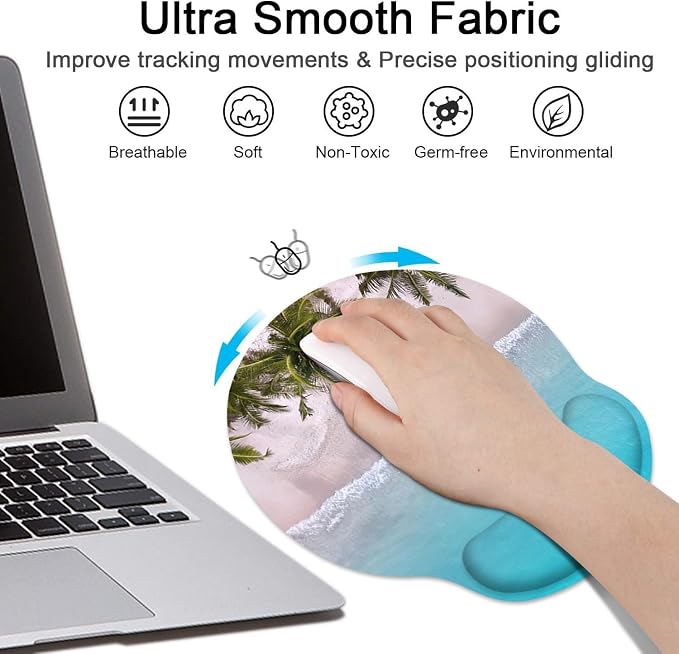 Ergonomic Mouse Pad Set with Wrist Rest, Ocean Blue | Summer Beach Non-Slip Rubber Base Wrist Cushion Support and Coasters Mousepad with Wrist Support for Computer Keyboard