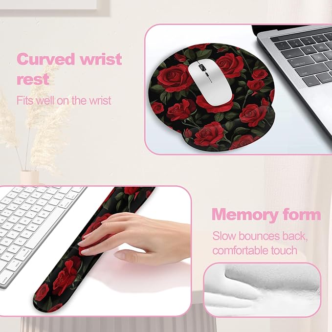 Vintage Red Rose Ergonomic Wrist Support Keyboard Mouse Wrist Rest Set, Computer Office Comfortable Wrist Rest for Mouse Easy Typing