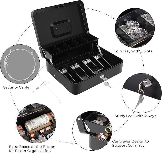 Sumerfnt Cash Box with Money Tray and Lock Money Box with Security Cable, Metal Locking Cash Box - 11.8" x 9.4" x 3.54" Black