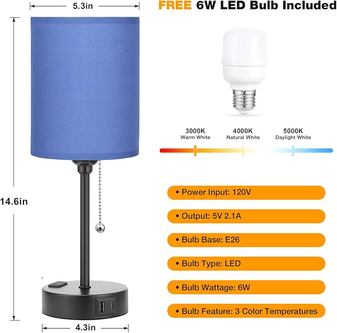 Small Bedside Table Lamp for Bedroom - Desk Lamp with USB Ports for Dorm | USB A+C Ports, AC Outlet, 3 Color Temperatures, LED Bulb Included, Navy Blue Shade, Matte Black Base, 14" Night Stand Lamp