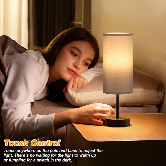 Dicoool Bedside Table Lamp for Bedroom - 3-Way Dimmable Touch Lamp, USB A+C | LED Bulb Included, 14" Small Nightstand Lamp for Desk, Living Room, Guest Room, Grey Fabric Lampshade, Black Metal Base
