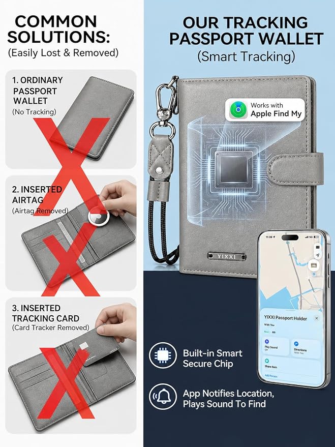 Trackable Passport Holder for Travel, RFID Blocking Wallet, Grey | Rechargeable PU leather cover works with Apple Find My and is Apple MFi certified; it includes card storage and a lanyard.