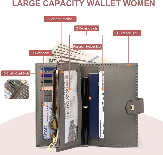 yiijay Women's Wallet RFID Blocking Leather Trifold Clutch Wallet Credit Card Holder Ladies Travel Wallet Purse with Passport/Pen Holder