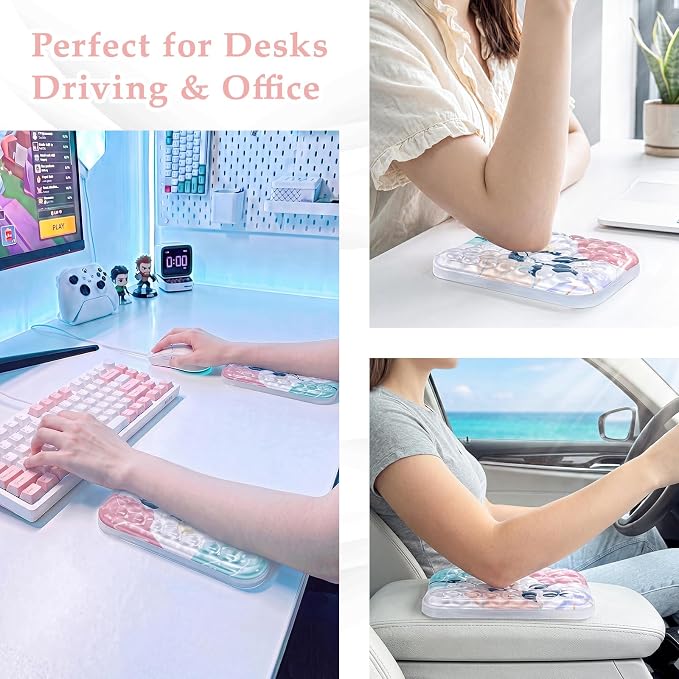 Ospelelf Desk Elbow Rest Pads, Gel Arm Rest Pad Support for Keyboard | Ergonomic Support for Computer Typing & Mouse, Office Home Use, Heat Resistant, Pink Plant