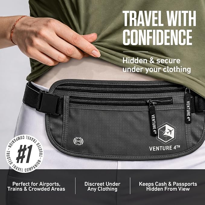 VENTURE 4TH Travel Money Belt, RFID Blocking Passport Holder - Gray