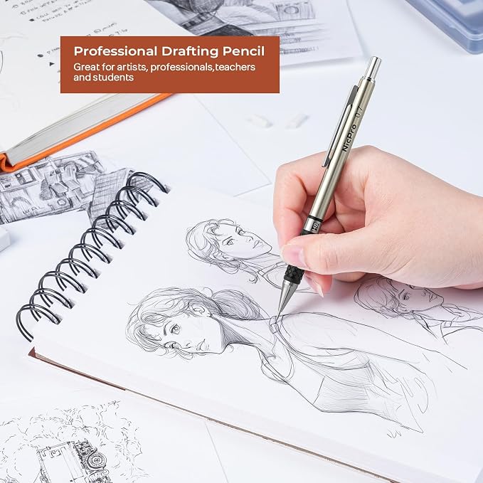 Nicpro Art Mechanical Pencil Set in Case, 4 PCS Metal Drafting Pencil | Metal Drafting Pencil Lead Pencil+6 Tube Lead Refills, Eraser, Comfort Grip For for School Writing, Artist Drawing Sketching