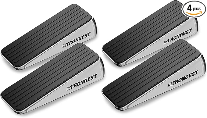 STRONGEST HOME Stoppers for Bottom of Door – Heavy Duty Metal Rubber Door Stopper, Non-Slip Door Stop for Heavy Doors, Works on Wood, Tile & Carpet Floors Wedge Chrome 4 PCs + 4 White Wall Protectors