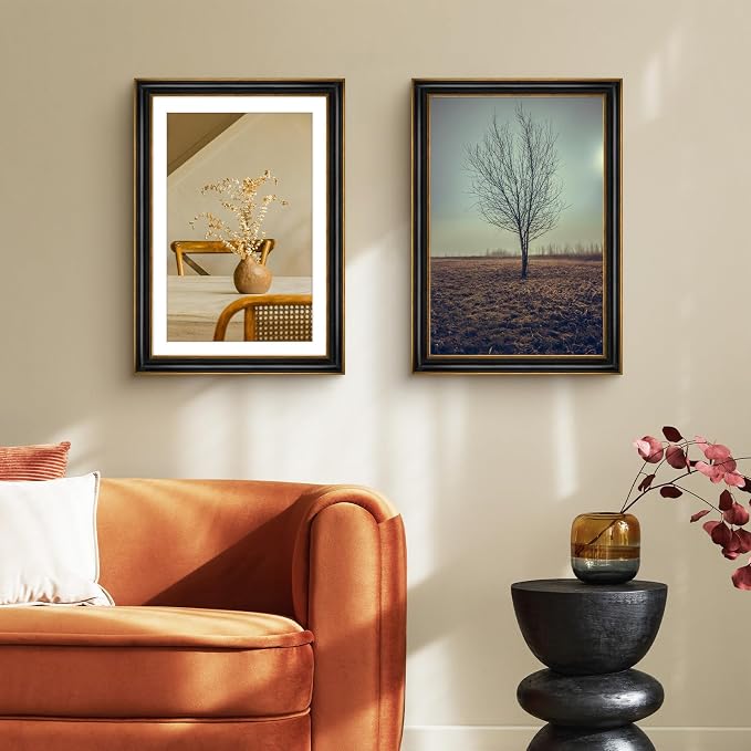 Golden State Art, 13x19 Photo Frame With Mat for Pictures 11x17 and Real Glass (Black With Antique Gold Trim - White Color Mat, 1.25 Inch Frame Border)