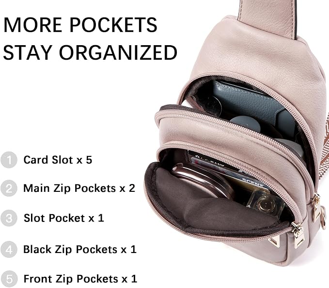 BOSTANTEN Sling Bag for Women Leather Crossbody Bags Fanny Pack Chest Bag for Travel | Adjustable Wide Strap, Small, Anti Theft, Lightweight, Multi Pockets and Carrying Way, Card Slot, Cute Trendy for Everyday