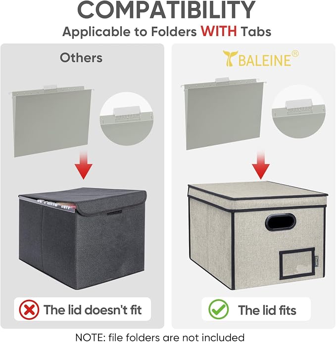 BALEINE File Organizer Box with Lid, Collapsible Hanging File Storage Box | Smooth Plastic Rails, Textured Fabric Exterior, Collapsible Hanging File Folder Box for Office Document Storage