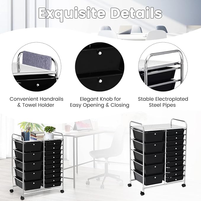 COSTWAY 15 Drawer Rolling Storage Cart, Mobile Storage Organizer | Removable Drawers & Metal Frame, Multipurpose Utility Tools Paper Organizer on Wheels for Home, Office (Black)