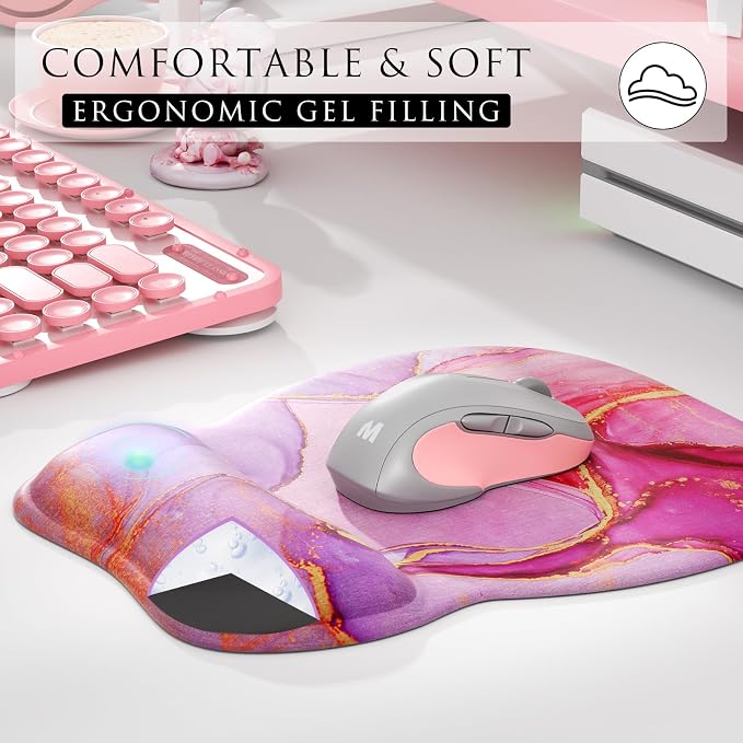 MROCO Ergonomic Mouse Pad with Gel Wrist Rest, 9.4 x 8.1 in, Pink Marble | Ergonomic Shape Design, Multiple Pattern Options, Gel Wrist Comfort, Smooth Lycra Surface, Non-Slip PU Base