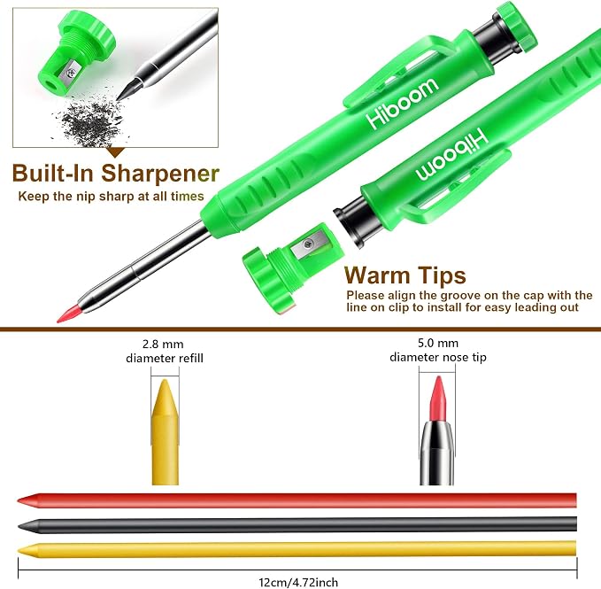 Hiboom 2 Pack Carpenter Pencils with Pencil Cap and 18 Refills, Green | Mechanical Pencil, Deep Hole Marking, Built-In Sharpener, Long Nose Tip, Pocket Clip, Marks Many Surfaces, Woodworking Use