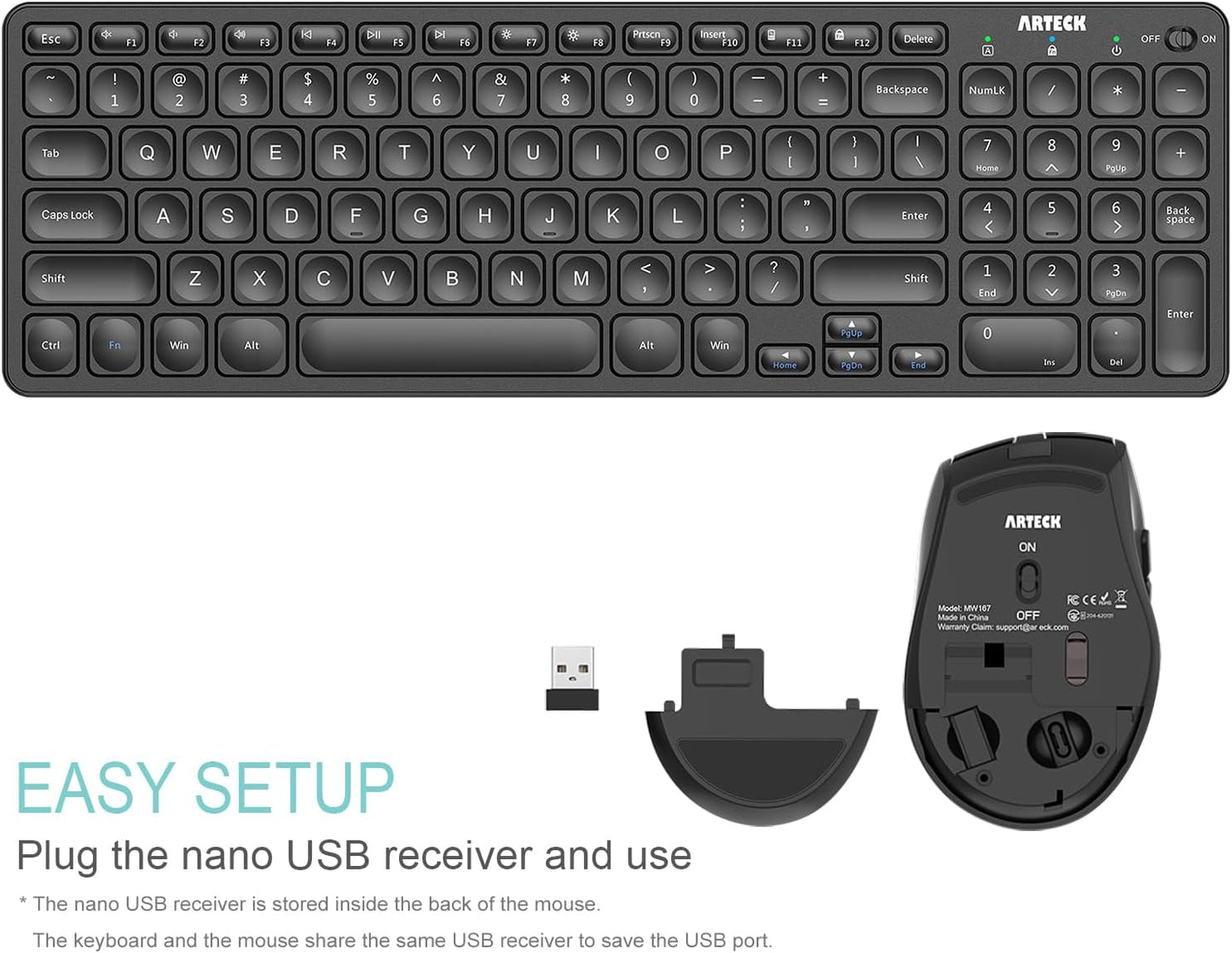 Arteck 2.4G USB Wireless Keyboard and Mouse Combo Ultra Slim Compact Keyboard and Ergonomic Mouse for Computer Desktop PC Laptop and Windows 11/10/8/7 Build in USB-C Rechargeable Battery