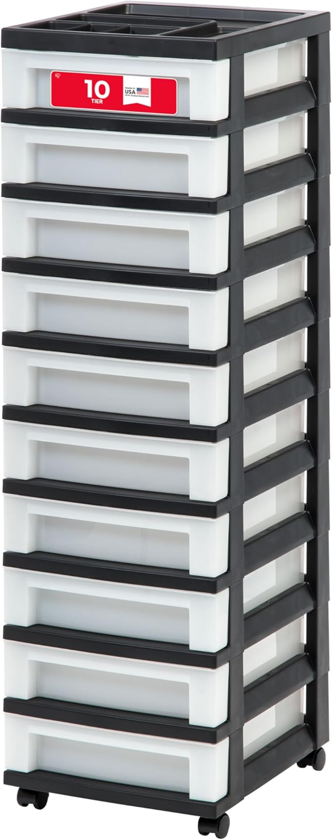 IRIS USA 10-Drawer Rolling Storage Cart, Black/Pearl | Keep classroom supplies, teacher essentials, craft materials, and learning tools organized with easy-access drawers.