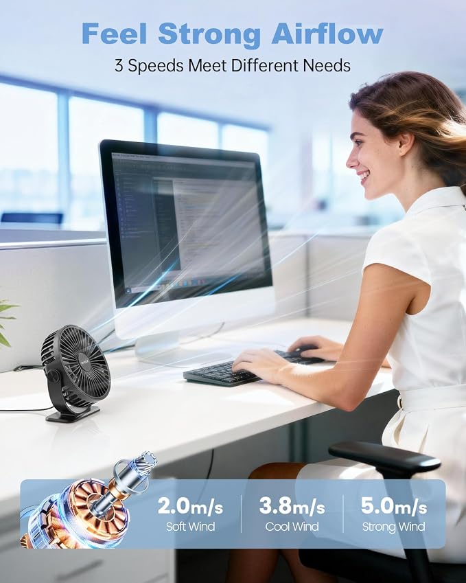 TriPole USB Desk Fan Small Portable, 360° Rotation Quiet Mini Personal Fan | Black, 3 Speeds Plug In USB Fan, Desk Fans Small Quiet, 4.9ft Cable, Strong Breeze for Desktop Bedroom Office Table Travel