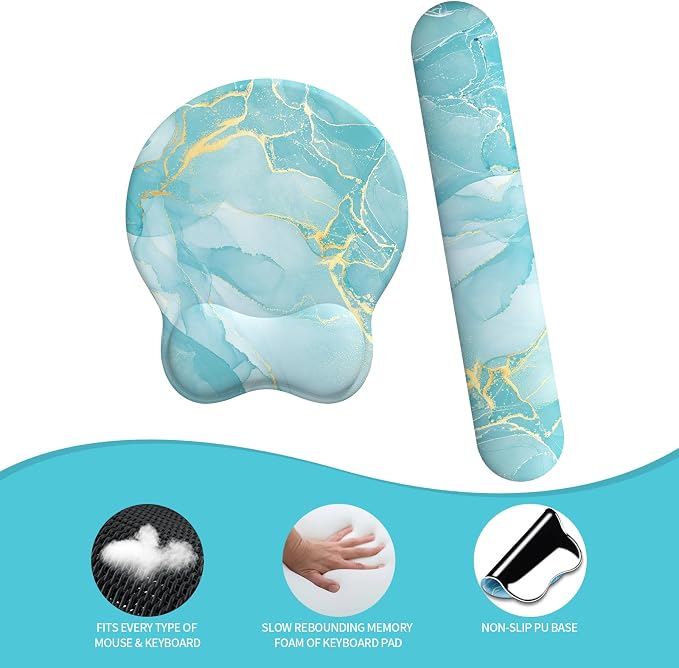 Mouse Pad Wrist Support, Ergonomic Memory Foam Keyboard Wrist Pad & Gel Wrist Rest Set for Computer Keyboard for Easy Typing & Pain Relief for Office & Home(Blue Marble Set)