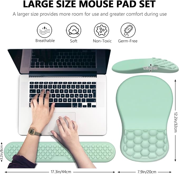 Ergonomic Mouse Pad Wrist Rest, 2 in 1 Keyboard Pad for Office | Memory Foam, 15° Ergonomic Slope, Massage Bead Design, Non-Slip PU Base, Lycra Fabric, for Office & Gaming, Gradient Green