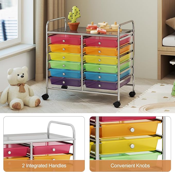 RELAX4LIFE 12-Drawer Rolling Storage Cart - Mobile Utility Cart on Wheels for School Classroom Teacher Office Salon, Paper File Art Supply Craft Organizer, Rolling Cart with Drawers (Rainbow)