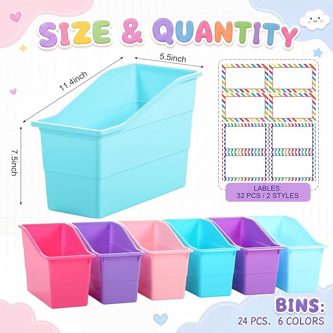 Blosssound 24 Set Book Bins for Classroom with Label Sticker Book Box Baskets Plastic Stackable Organizing Bins Storage & Organization for Classroom Library Home School Supplies (Purple Pastel)