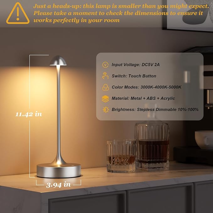 Kakanuo Rechargeable Cordless Table Lamp, Battery Operated Lamps, 3-Color Stepless Dimming, Portable Wireless Desk Lamp, LED Lighting for Dining Room, Restaurant, Office, Bar, Home(Silver 2 Pack)
