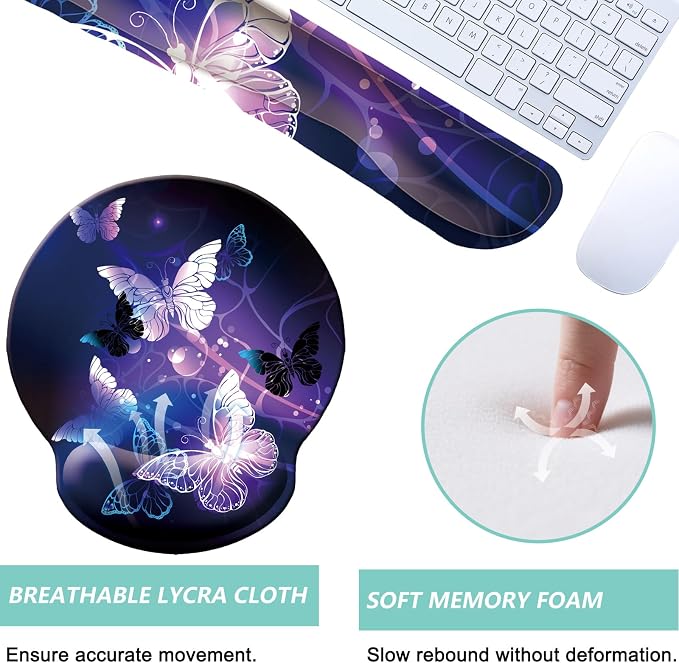 Keyboard Wrist Rest Pad Mouse Pad with Wrist Support Set of 3, Mousepad with Non-Slip Rubber Base, Ergonomic Memory Foam Mouse Wrist Cushion Support for Home Office Laptop Computer Gaming, Butterfly