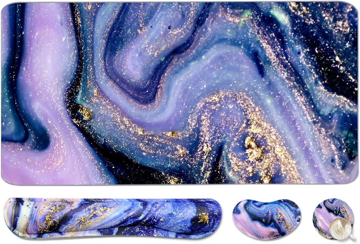 4-in-1 Large Gaming Mouse Pad, Keyboard Wrist Rest Pad & Wrist Support Mousepad Set, Extended Desk Pad Waterproof Desk Mat for Home Office Study Game - Purple Marble