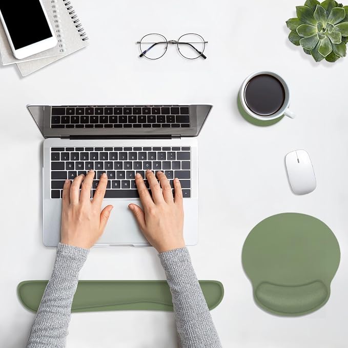 Ergonomic Mouse Pad Set with Wrist Rest, Green | Non-Slip Rubber Base Wrist Cushion Support and Coasters Mousepad with Wrist Support for Computer Keyboard