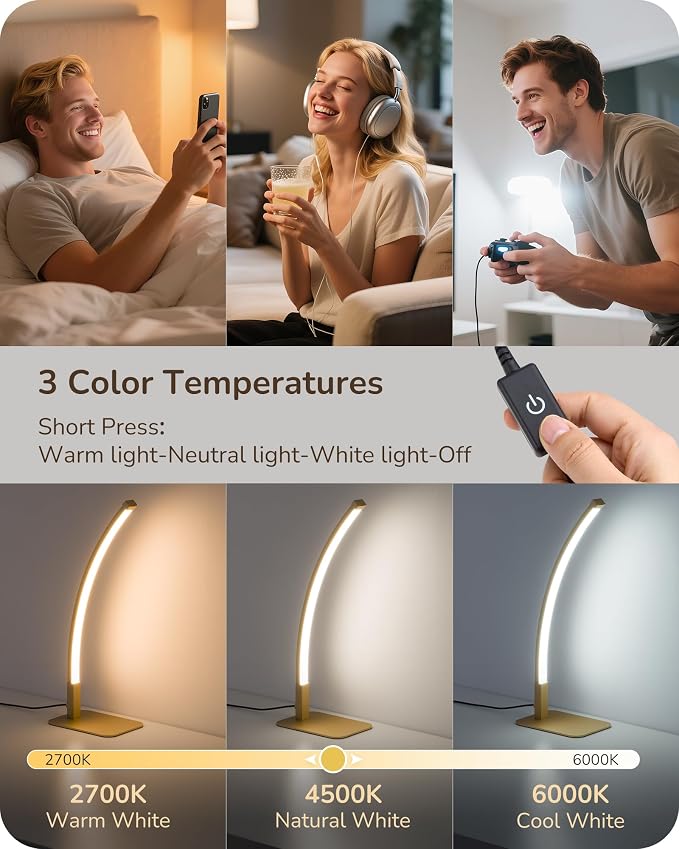 EDISHINE Curved LED Table Lamps for Living Room, Modern Bedside Lamp, Gold | 3 Color Temperature & Stepless Dimming, Aluminum & Iron, Silicone Lampshade, Ideal for Living Room, Office