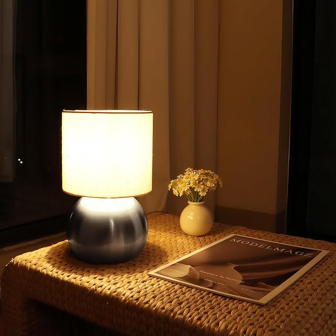 Modern Silvery Small Table Lamp with Cotton Linen Shade, 6.2×6.2×10.4 inch LED Desk Light, One-Button Switch for Bedroom, Living Room, Nightstand, Includes Warm Light Bulb