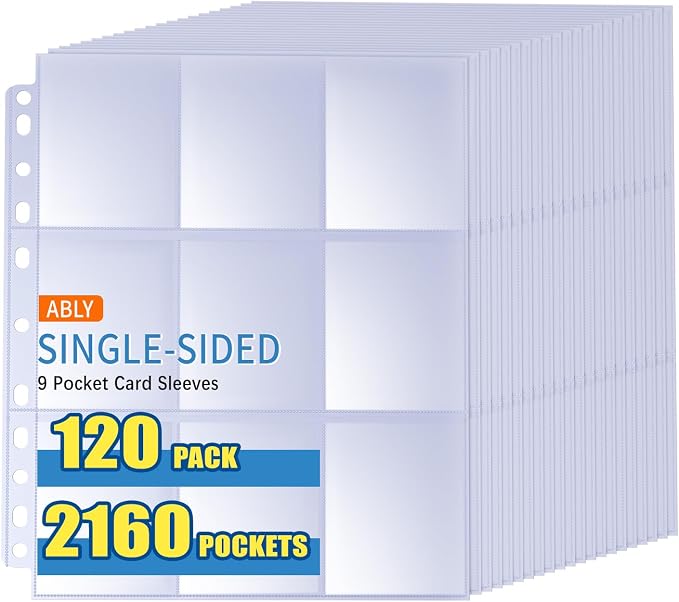 ABLY 2160 Pockets Trading Card Pages Sleeves 9-Pocket Clear Plastic Game Card Protectors for Sky, Pok, Bas Car and More, Fit 3 Ring Binder (120 Pages)
