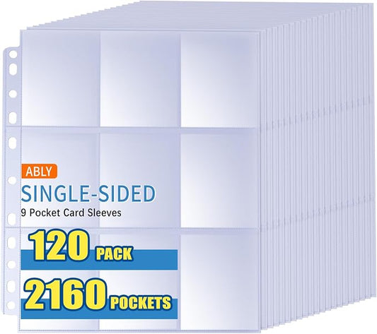 ABLY 2160 Pockets Trading Card Pages Sleeves 9-Pocket Clear Plastic Game Card Protectors for Sky, Pok, Bas Car and More, Fit 3 Ring Binder (120 Pages)
