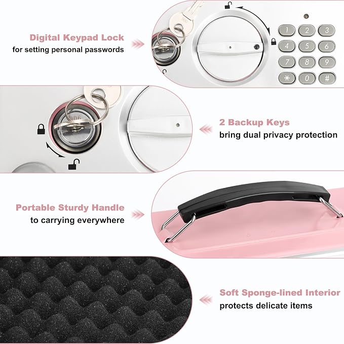 KYODOLED Pink Safe Box with Digital Keypad Lock, Lock Box with Code for Personal Items, Metal Security Box for Cash, Passport, Jewelry, Ideal for Home, Office, Garage Sale, 11.8'' x 9.4'' x 3.5''