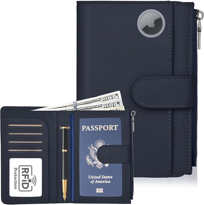 RFID Passport Holder for Travel, Leather Passport Wallet Cover with Airtag | with Airtag Slot, Card Cash Holders, Zippered Coins Pocket, for Women/Men, Gift Box, Travel Essentials, 4.1"L x 1"W x 6.3"H