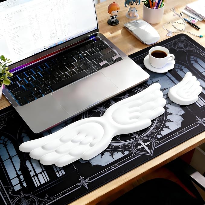 Angel Wing Wrist Rest Ergonomic Memory Foam Wrist Rest for Computer Keyboard Mouse Set with Cup Mat, Cute Gaming Keyboard Cushion Hand Support PU Leather Surface Anti-Slip Waterproof（White）