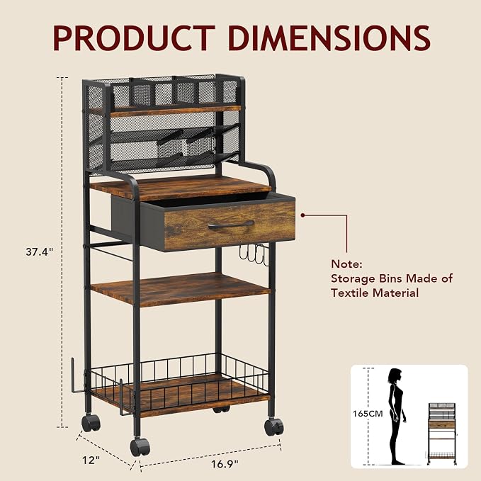 Art cart, 3 Tier Rolling Cart - Utility Cart with Storage Drawer and Wheels, Versatile Art & Craft Organizer for Home, Office, or Studio Ideal for Storing Brushes, Paints （Brown）