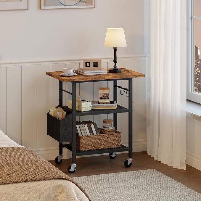 MAHANCRIS 3-Tier Printer Stand, Rolling Printer Table on Wheels, Industrial Storage Stand with Side Pocket, Wooden Tabletop, 2 S-Shaped Hooks, for Home Office, Rustic Brown and Black PTHR2501