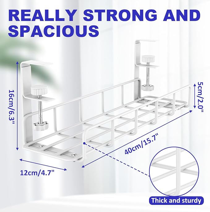 Under Desk Cable Management Tray No Drill Steel Rack White | No drill heavy duty steel cable tray 31.5",Clamp mount wire organizer,White adjustable under desk rack(2 pack)