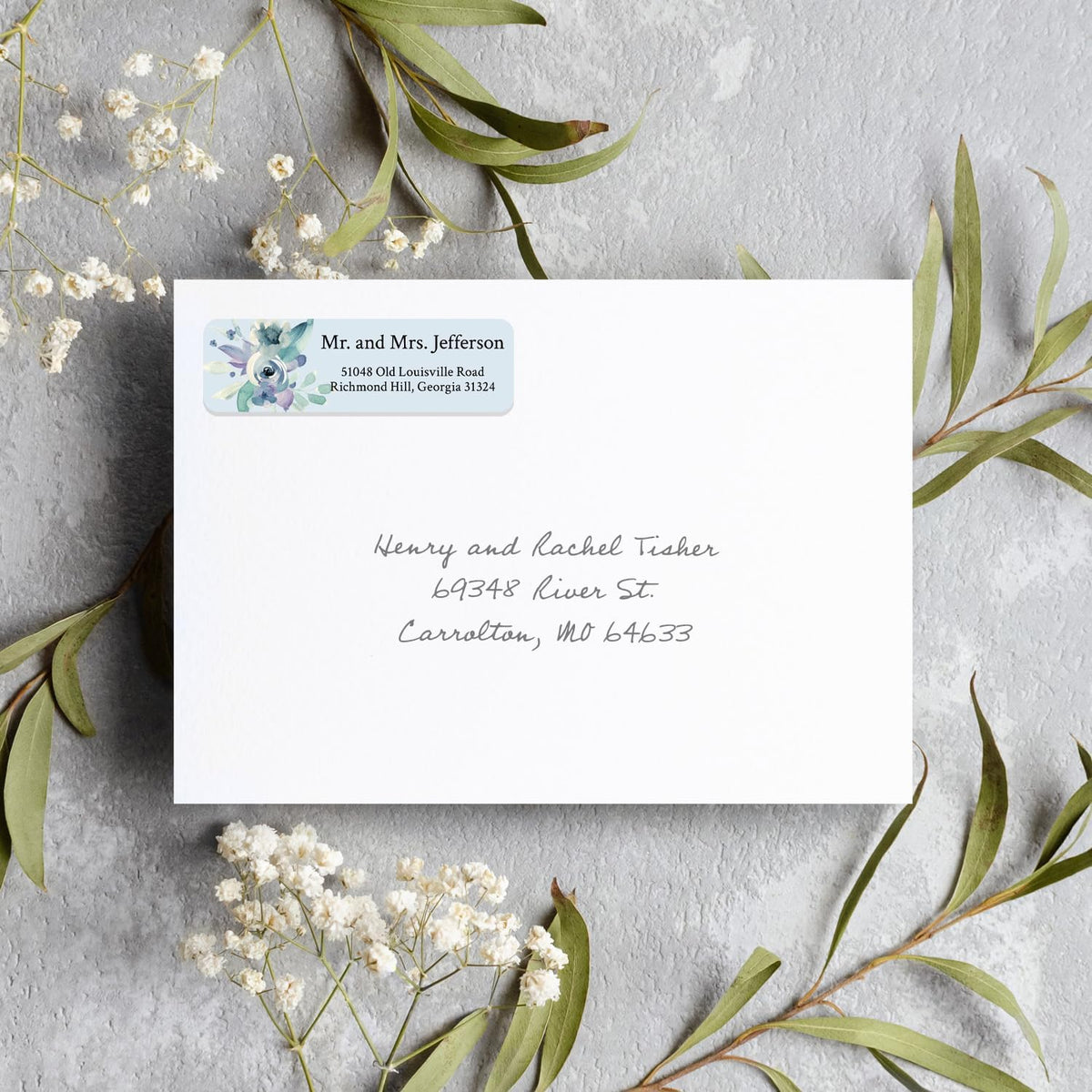 Blue Watercolor Floral Rolled Address Labels / 500 Personalized Return Address Labels/Designer Address Stickers in Elegant Plastic Dispenser