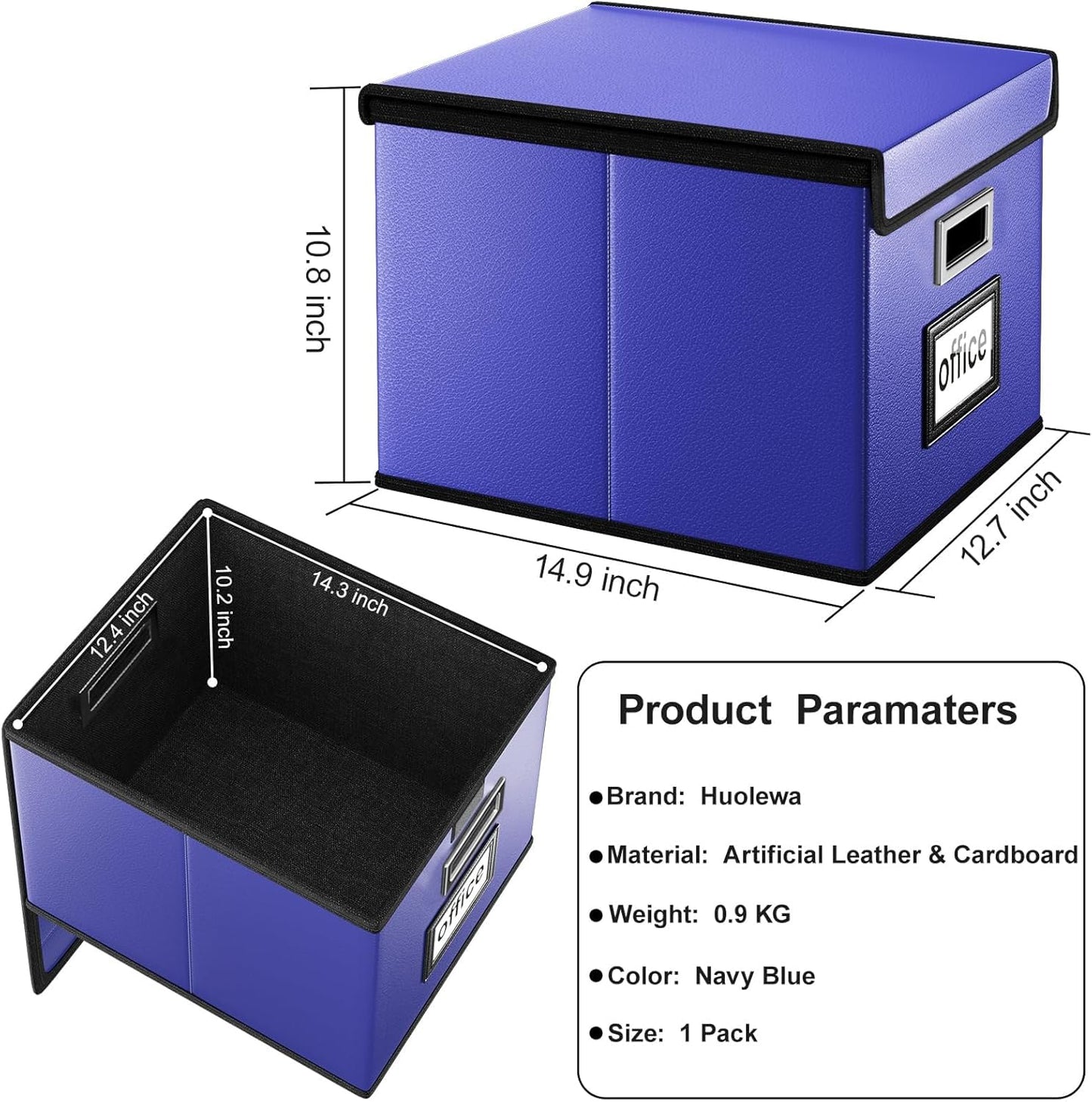 Huolewa File Organizer Box with Lid, Collapsible Leather File Folder Organizer for Office Document Storage, Filing Box with Plastic Slide for Letter/Legal Size Hanging Files,Navy Blue